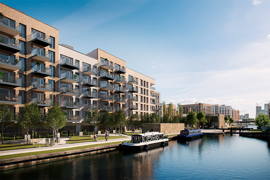 An exterior CGI of Wickside, Hackney Wick