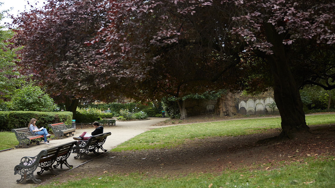 People sitting on benches in a park in Islington