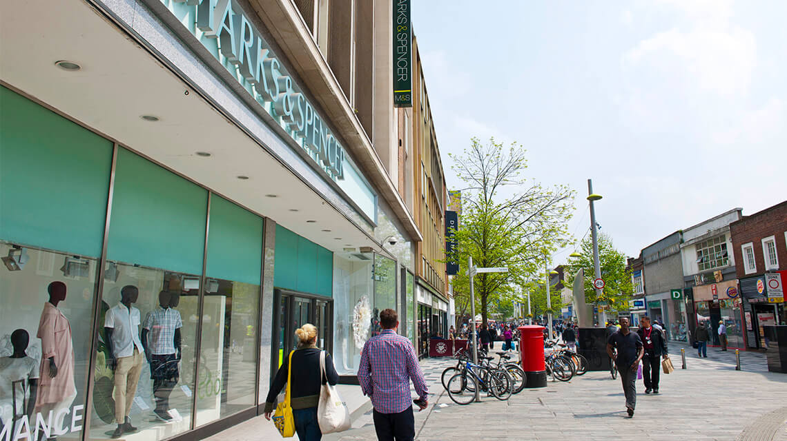 A high street in Slough, a good location for first-time buyers. 