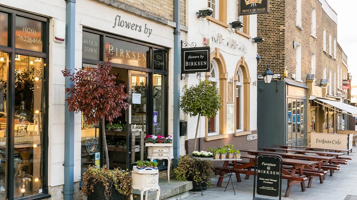 A street with shops in Clapham, South London