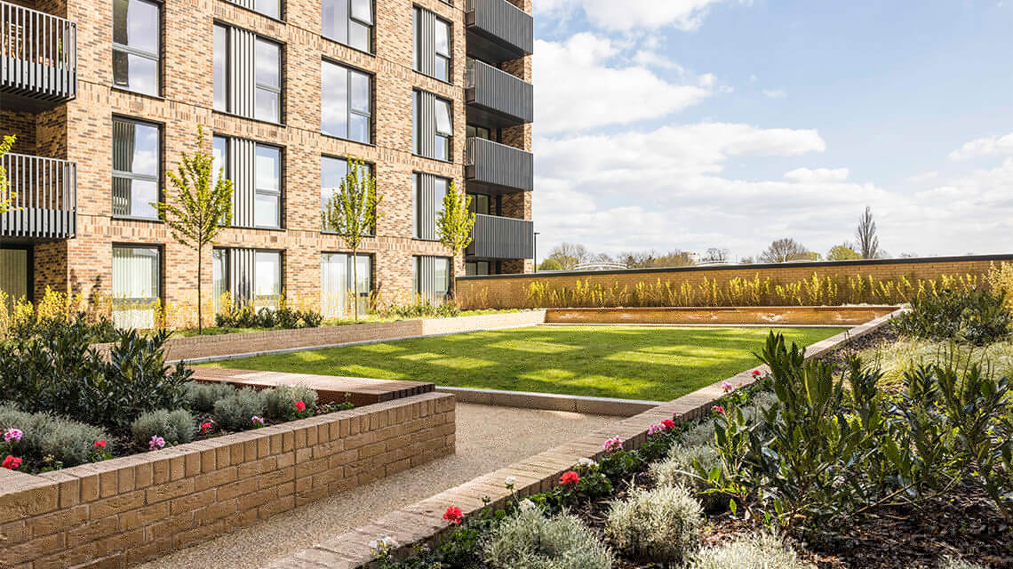 The communal gardens at Wimbledon Grounds, a Galliard Homes development in Wimbledon.