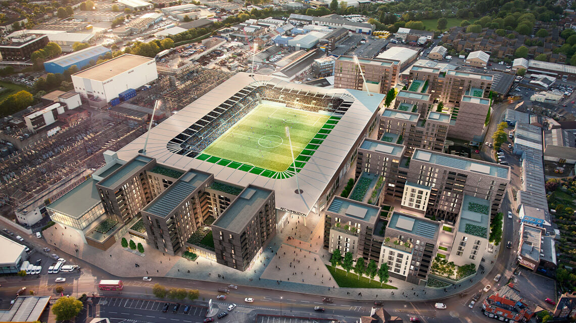 A CGI aerial shot of AFC Wimbledon Stadium