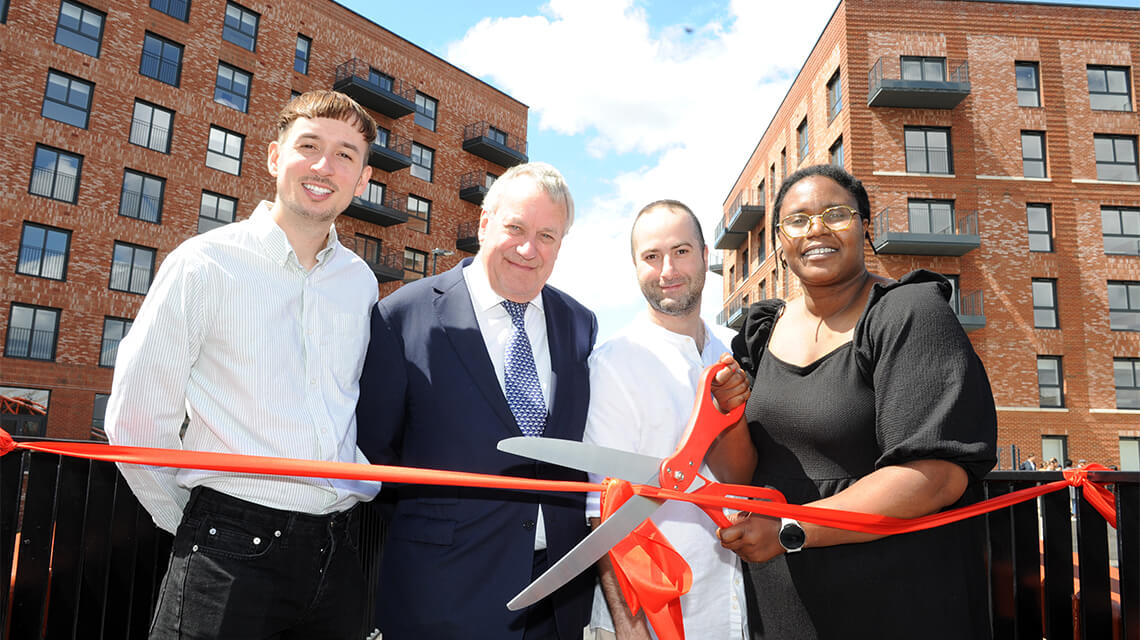 L-R: Cllr Marcus Bernasconi; Gerard Nock, Apsley House Capital; Soho Wharf resident, Behdad Gitinezhad and Cllr Sharon Thompson. 