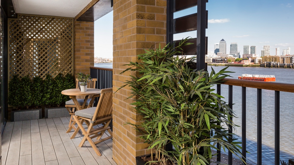 Balcony overlooking the Docklands at Galliard Homes development, Wapping Riverside