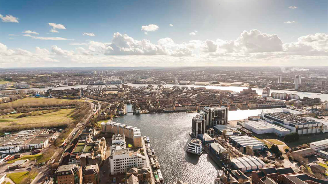 Docklands London aerial view, a good place for property investment.