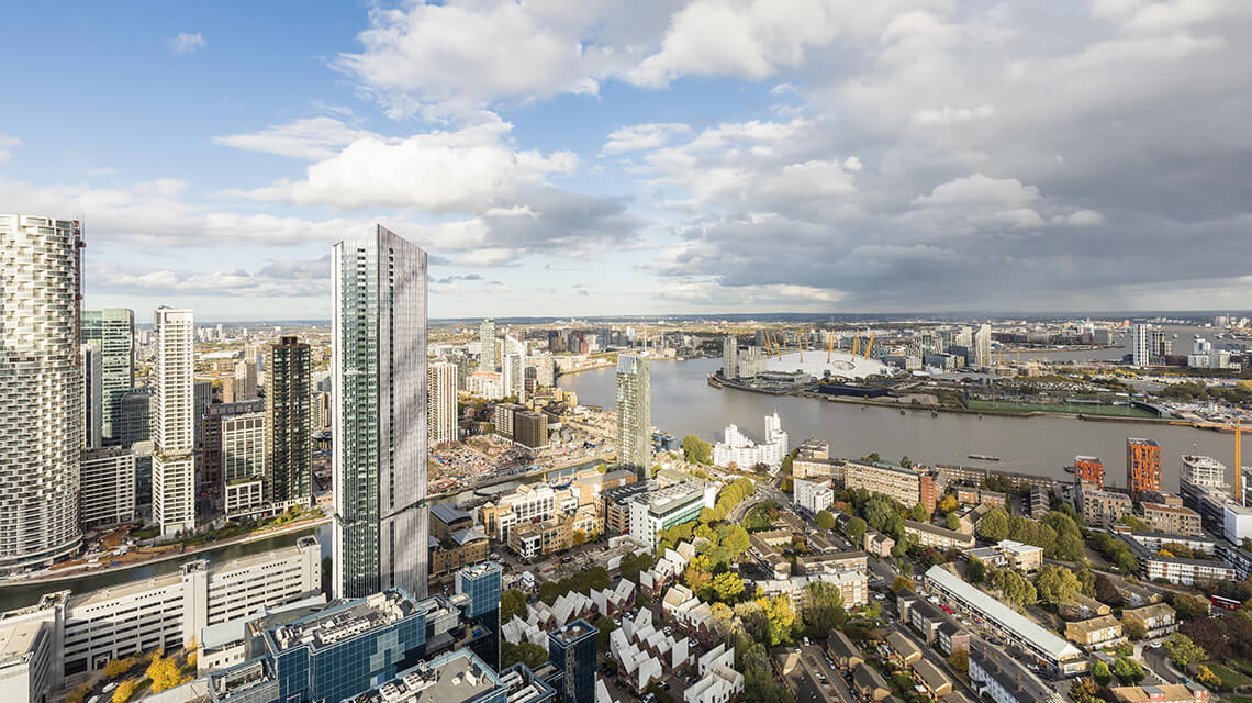 The view of London's Docklands, The Thames and Greenwich including the O2 Arena from Baltimore Tower.