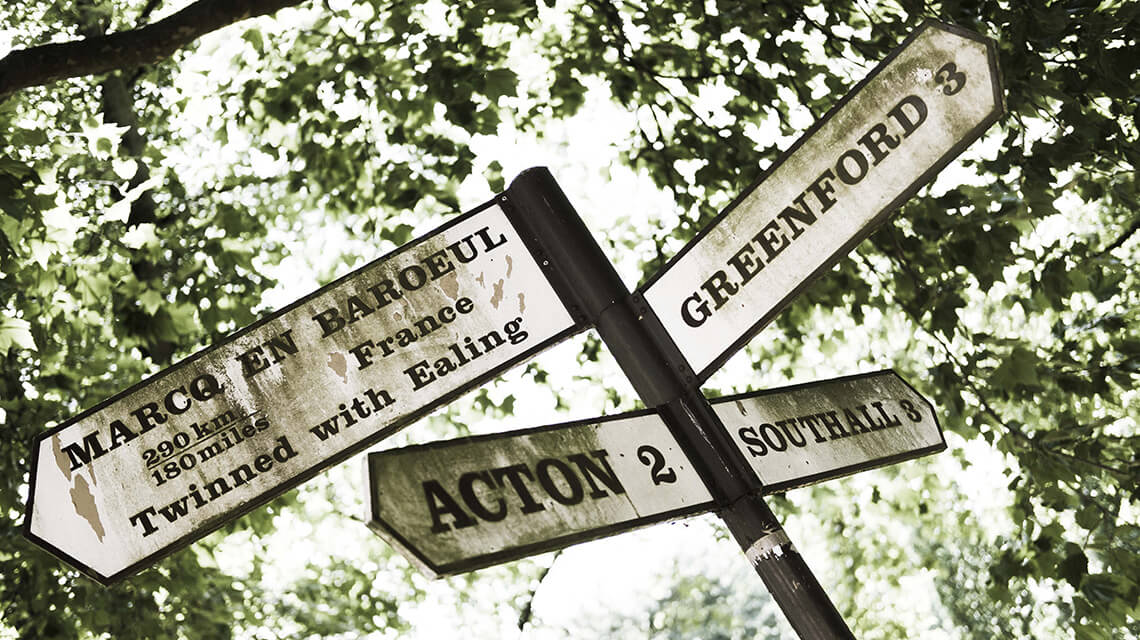 A signpost showing directions to Acton, Southall, Greenford and Ealing.