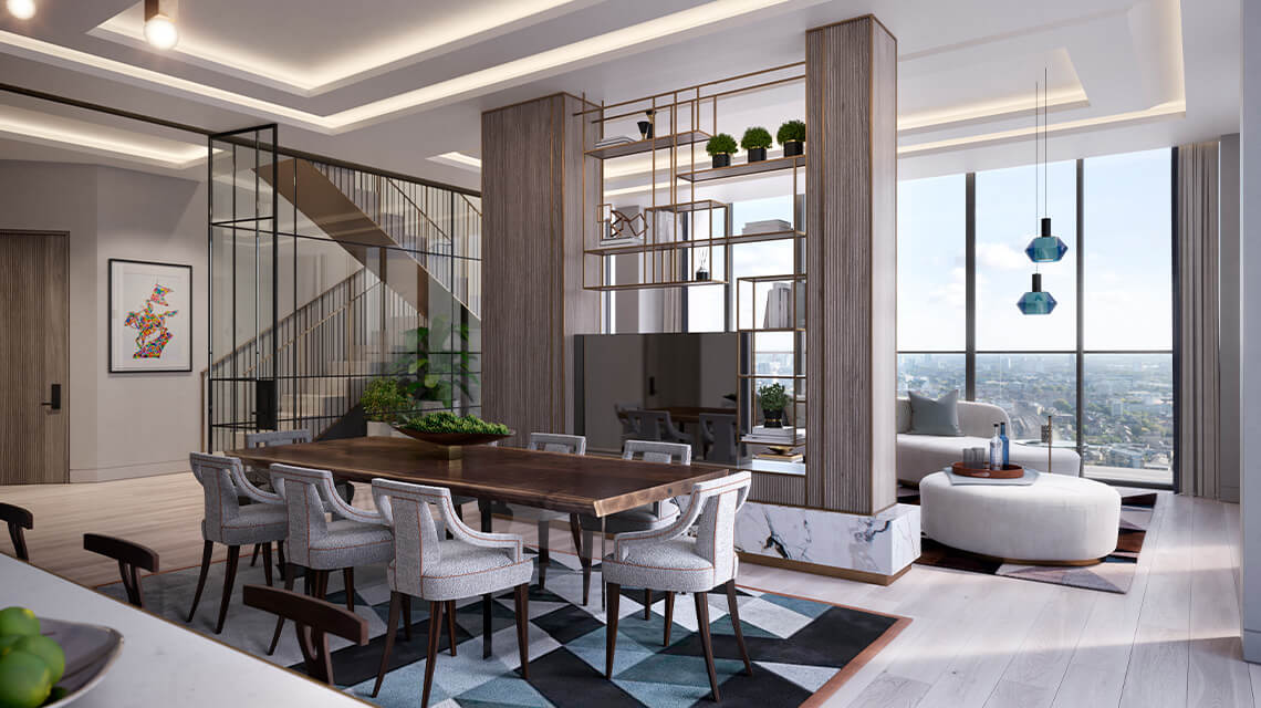 A CGI of a penthouse at The Stage, Shoreditch.