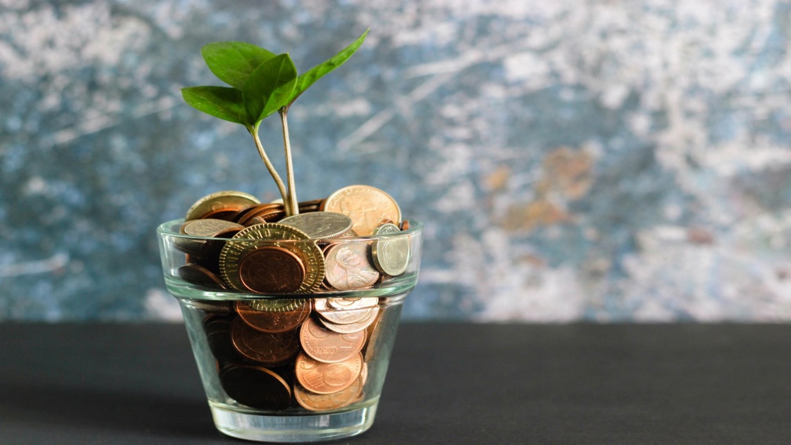 A glass full of pennies with a plant sprouting out of the top, symbolizing money growth.