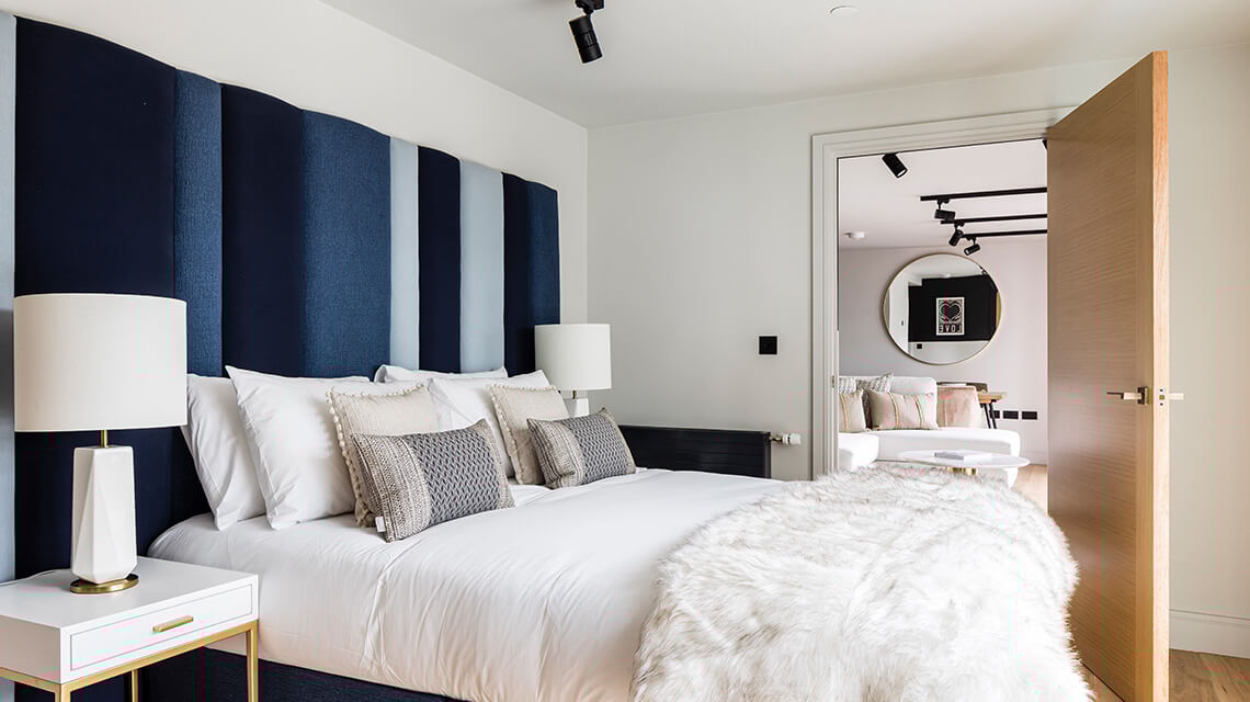 A furnished bedroom at Newham's Yard in Southwark. A furnished bedroom at Newham's Yard in Southwark.