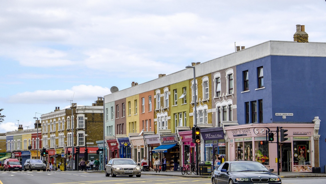 Colourful buildings and shops on Leyton High Road