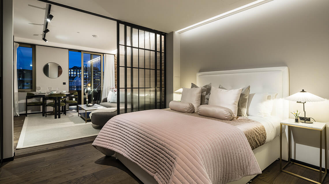 The bedroom area at a studio show apartment at The Stage, Shoreditch.