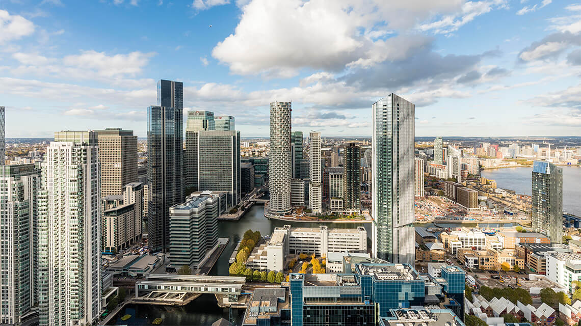 A skyline view of London Docklands, a location which Galliard has helped regenerate.