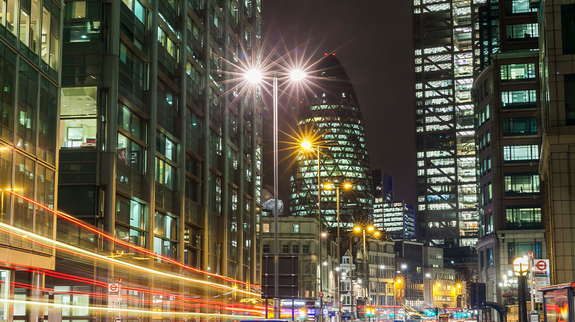 A nighttime shot of Bishopsgate