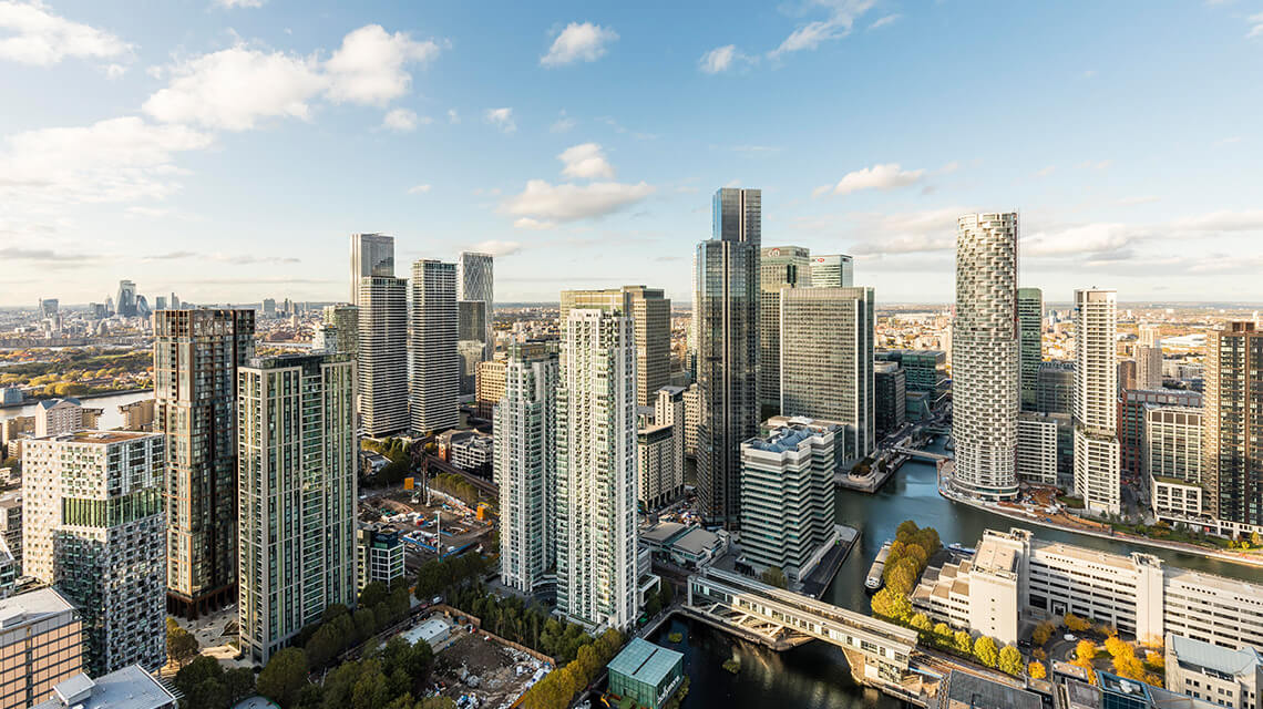A skyline view of London Docklands from Baltimore Tower, an award-winning development by Galliard Homes.