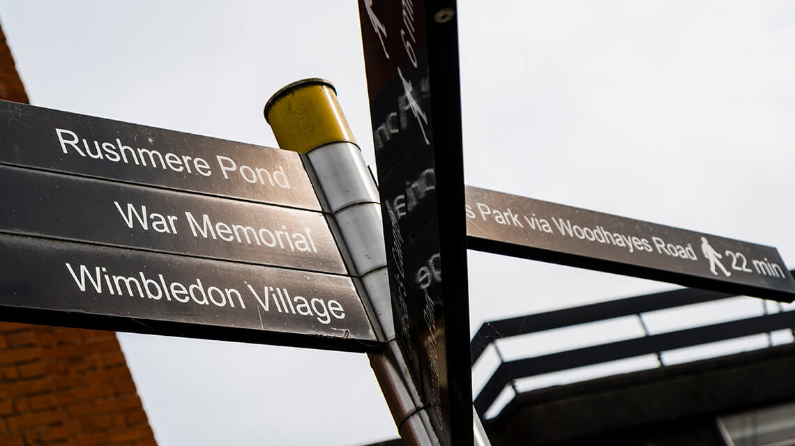 A sign in Wimbledon giving directions.