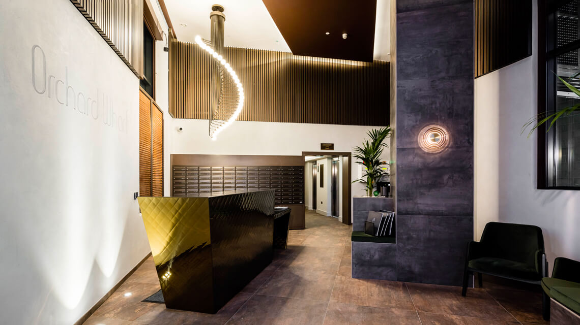 Entrance Lobby at Orchard Wharf, E14 by Galliard Homes Entrance Lobby at Orchard Wharf, E14 by Galliard Homes
