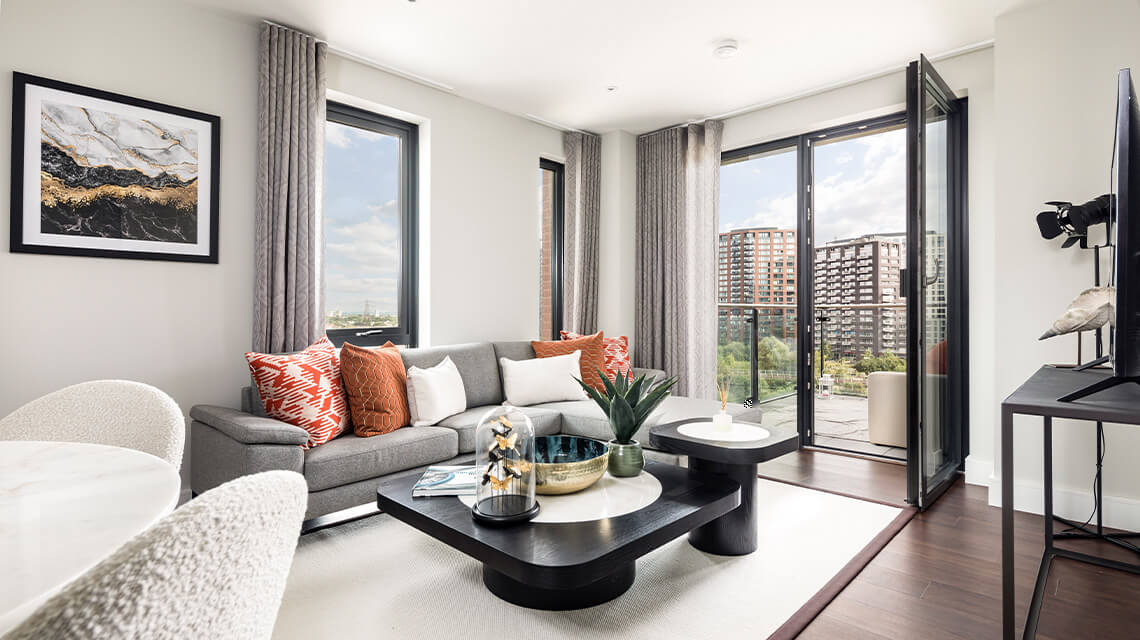A living area at an Orchard Wharf show apartment.
