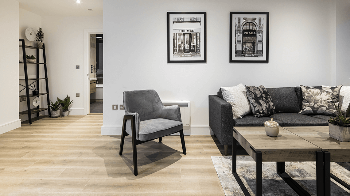 A living area at the one bedroom show apartment at Newacre House in East Grinstead.