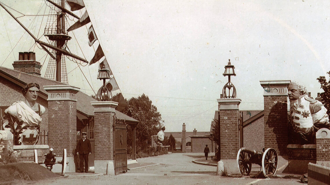 The original entrance gates of HMS Ganges base taken in 1912.