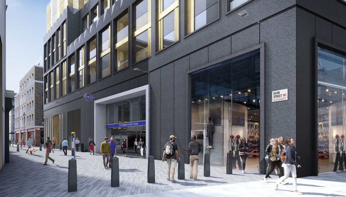 A computer generated image of the Tottenham Court Road ticket hall and TCRW SOHO, a development by Galliard Homes.