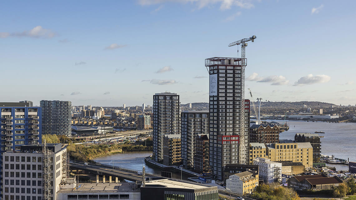 The London Docklands skyline from Orchard Wharf, a development by Galliard Homes.