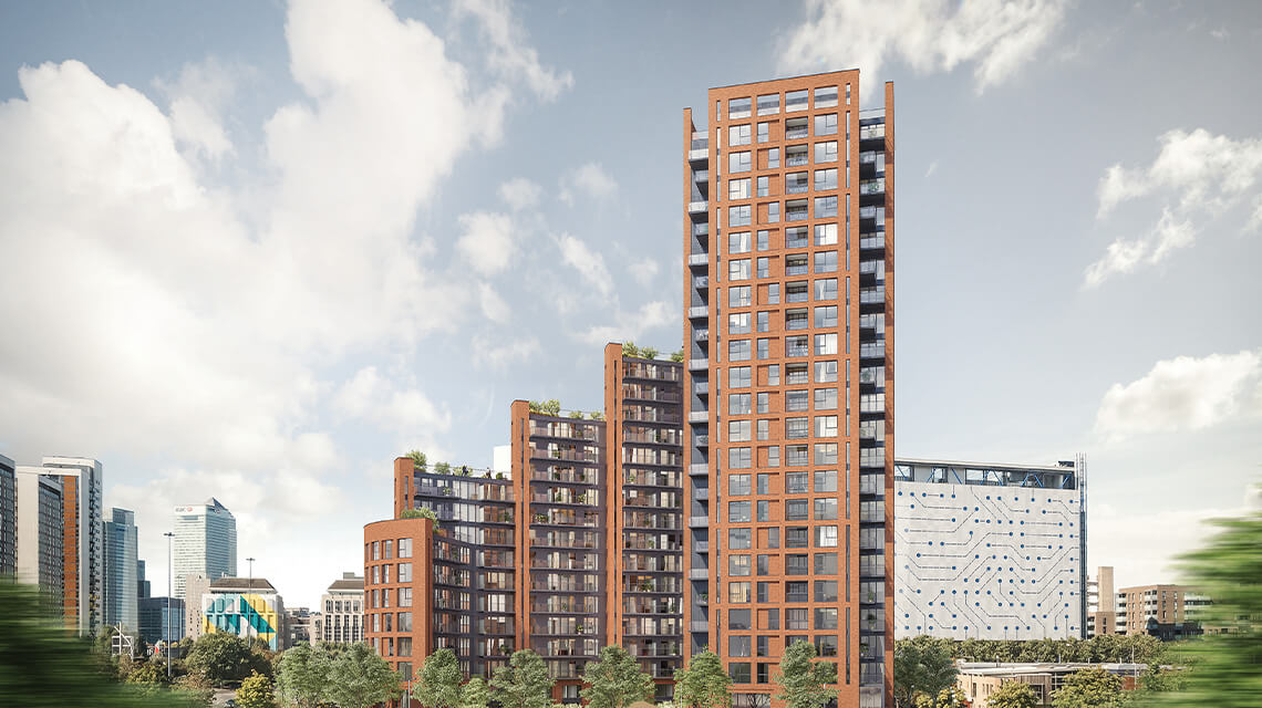 An exterior CGI of Orchard Wharf by Galliard Homes in London Docklands