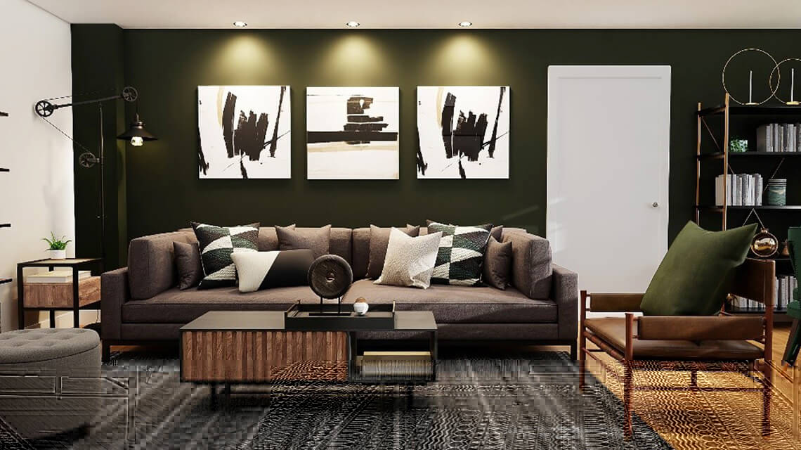 Spacious living room with dark green walls