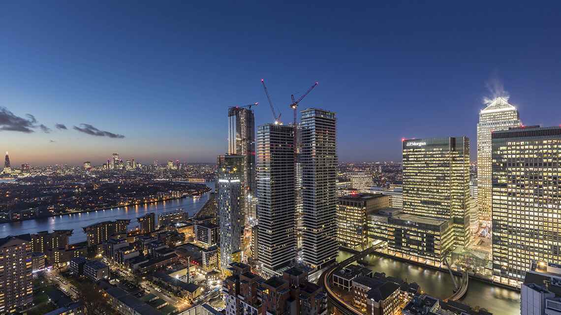 London Docklands and Canary Wharf skyline at night.
