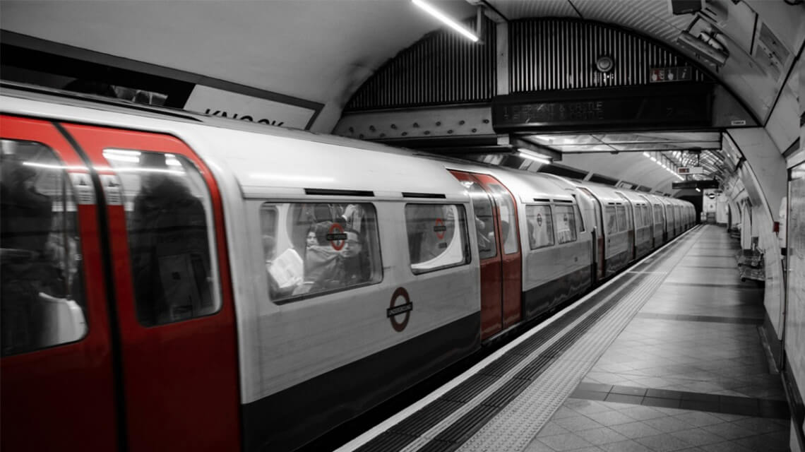 A train in a London Underground station.