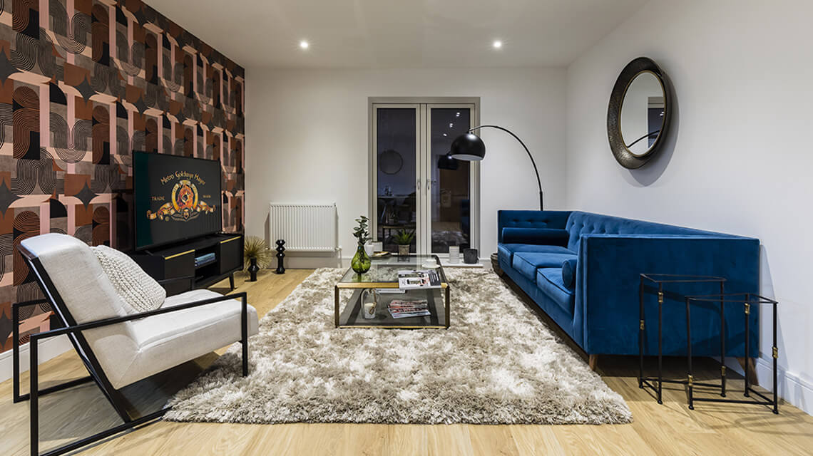 A furnished living area at a show apartment at Church Road in Leyton by Galliard Homes.