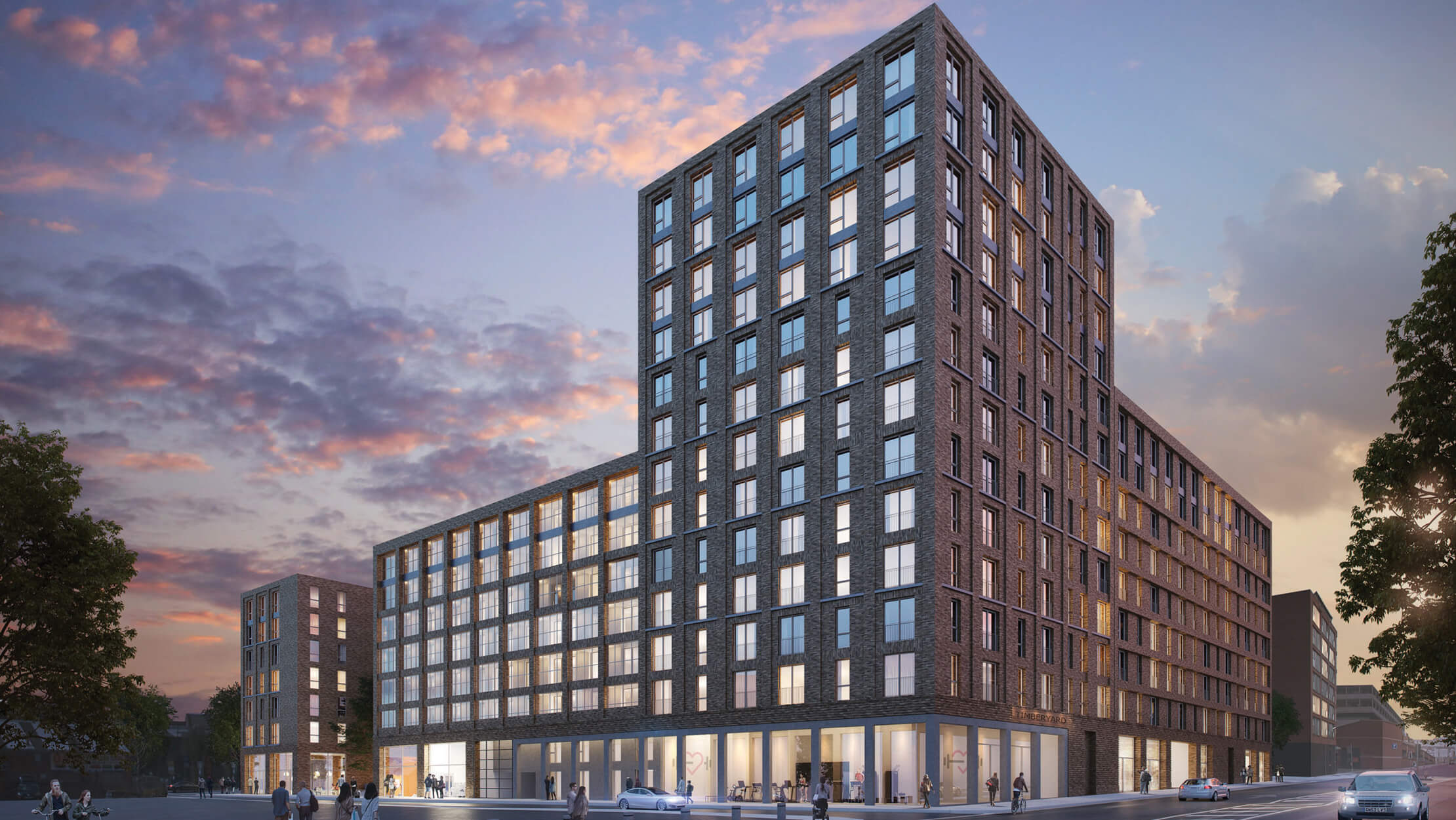 An exterior CGI of Timber Yard, a Galliard Homes development in the heart of Birmingham City Centre.