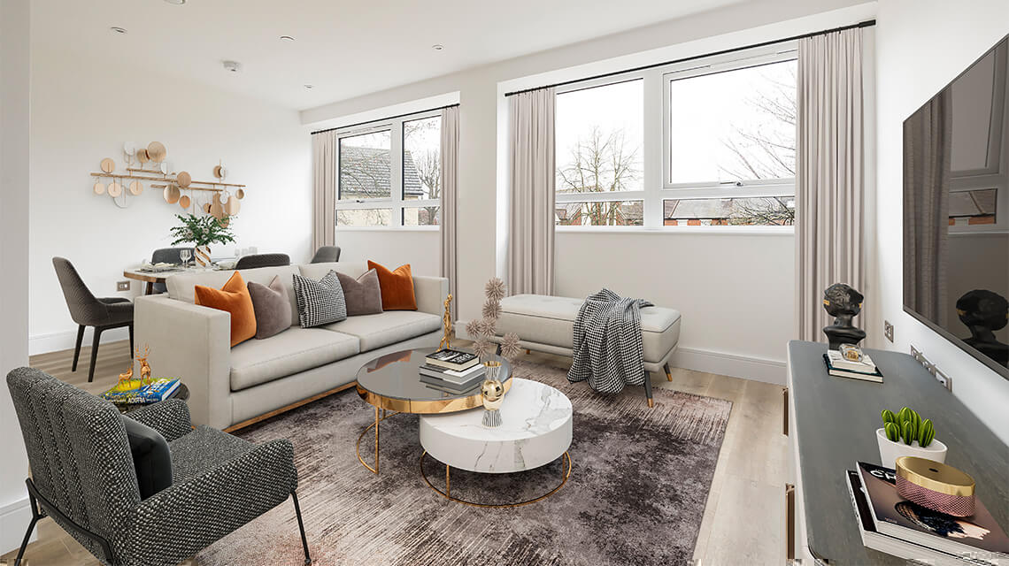 Living area in a Newacre House apartment, © Galliard Homes.