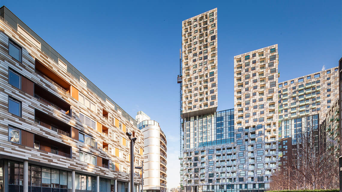 The exterior of Lincoln Plaza, a West End style development in Canary Wharf