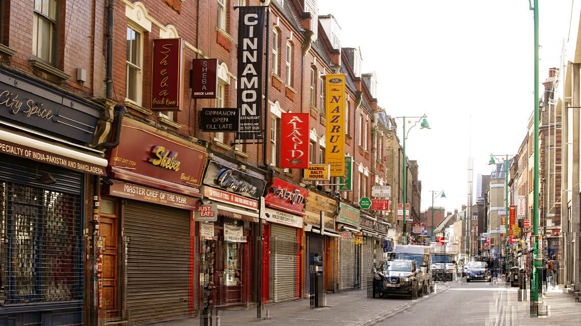 Curry houses on Brick Lane in East London