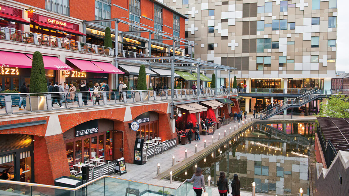 A busy shopping and restaurant area in Birmingham