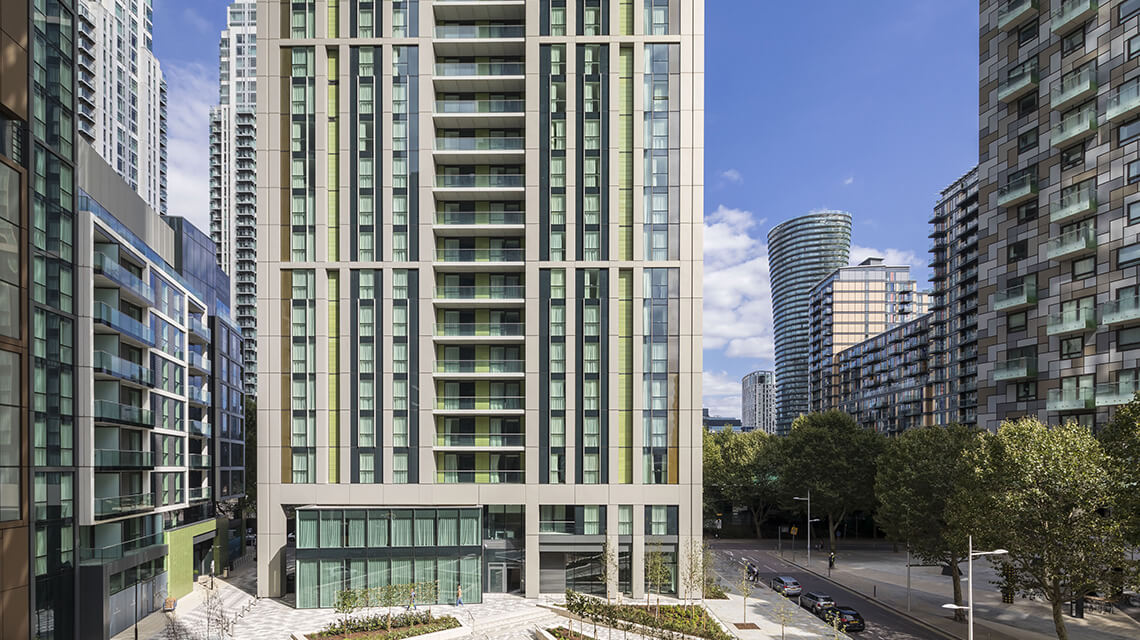 The exterior of Harbour Central, a Galliard Homes new-build development in London's Docklands.