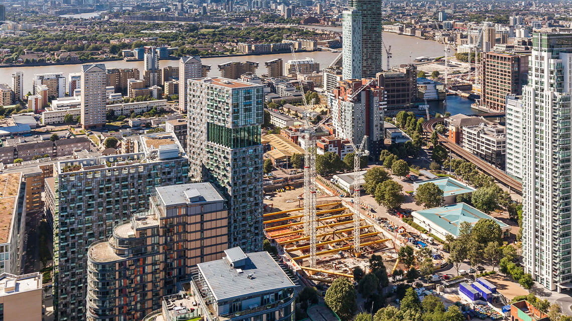 An aerial view of E14, a property investment hotspot