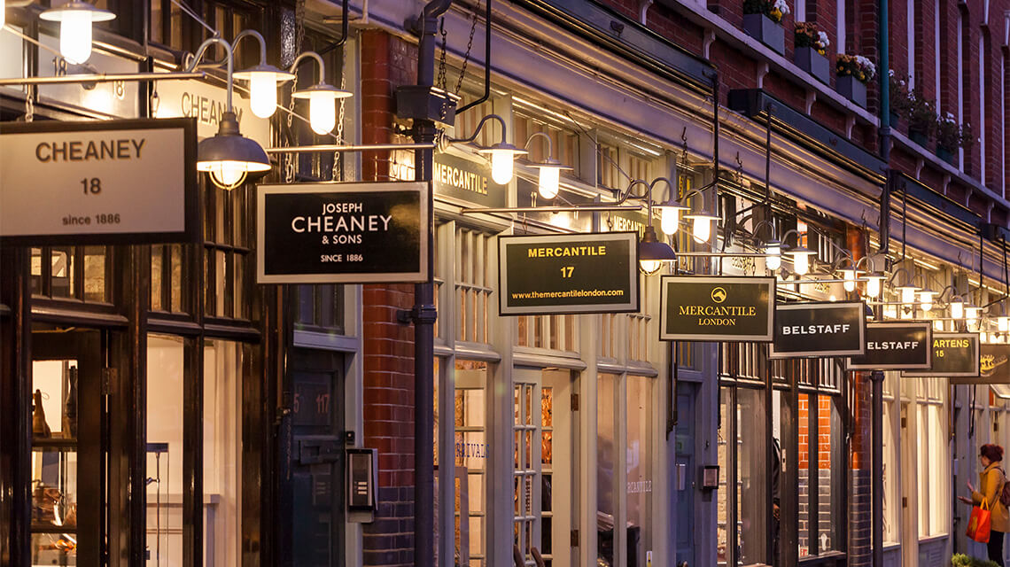 A row of shops in Shoreditch, an exclusive fashion destination.