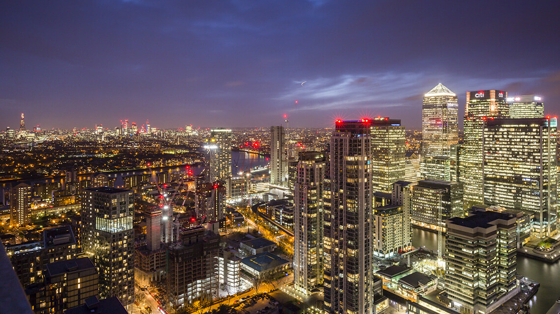 Nighttime views of Canary Wharf and London Docklands from Baltimore Tower by Galliard Homes.