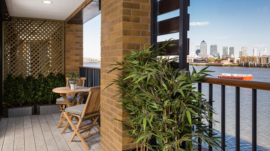 A balcony at a Wapping Riverside apartment