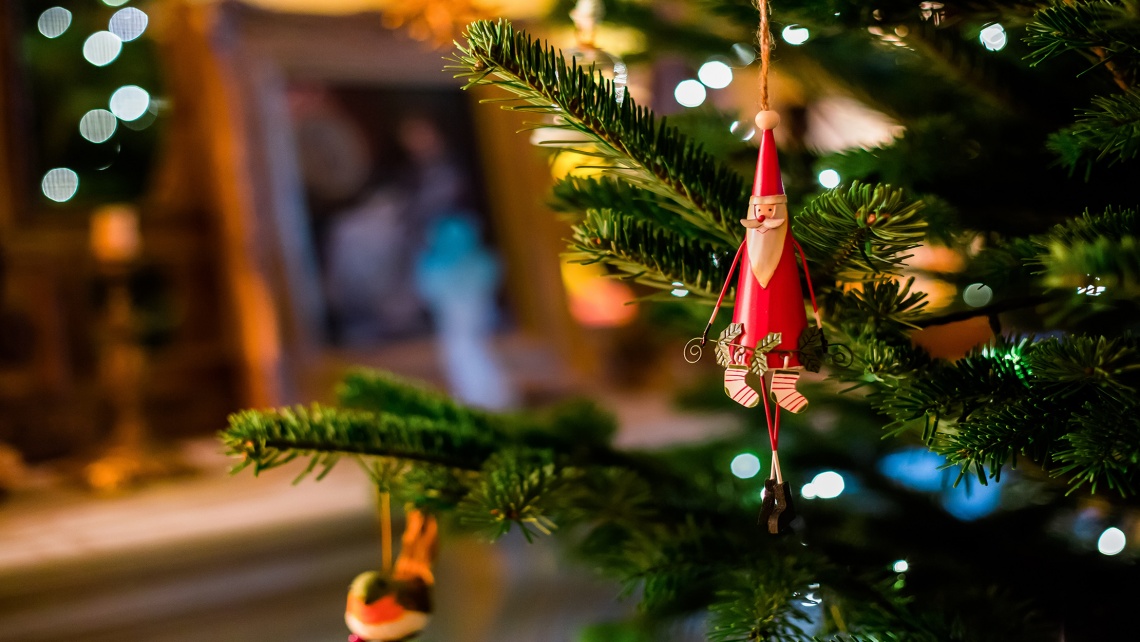 A Christmas decoration on a Christmas tree.