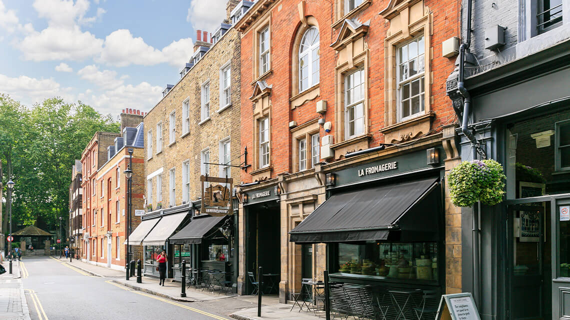 A row of shops and luxury apartments in Marylebone