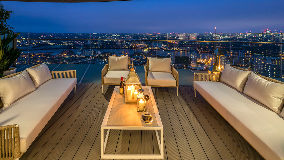 Penthouse private terrace at dusk with views of Canary Wharf, ©Galliard Homes. Penthouse private terrace at dusk with views of Canary Wharf, ©Galliard Homes.