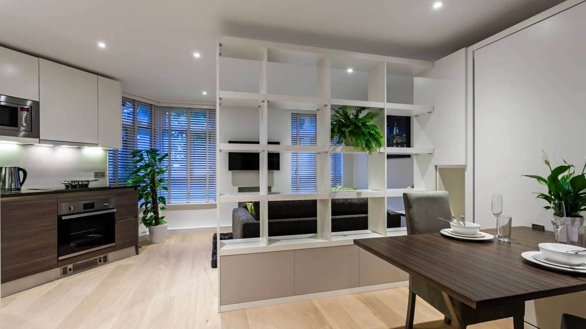 Open-plan kitchen, living and dining area at a Falconwood Court show apartment, ©Galliard Homes.