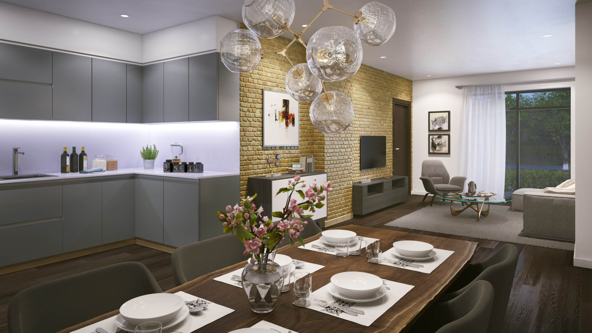 Kitchen and dining area at St Luke’s Square, computer generated image intended for illustrative purposes only, ©Galliard Homes.