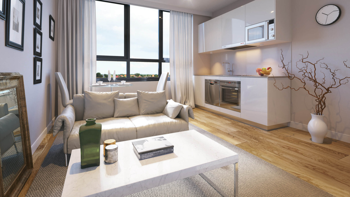 Open-plan kitchen, living and dining room at a White House apartment, computer generated image intended for illustrative purposes only, ©Galliard Homes.