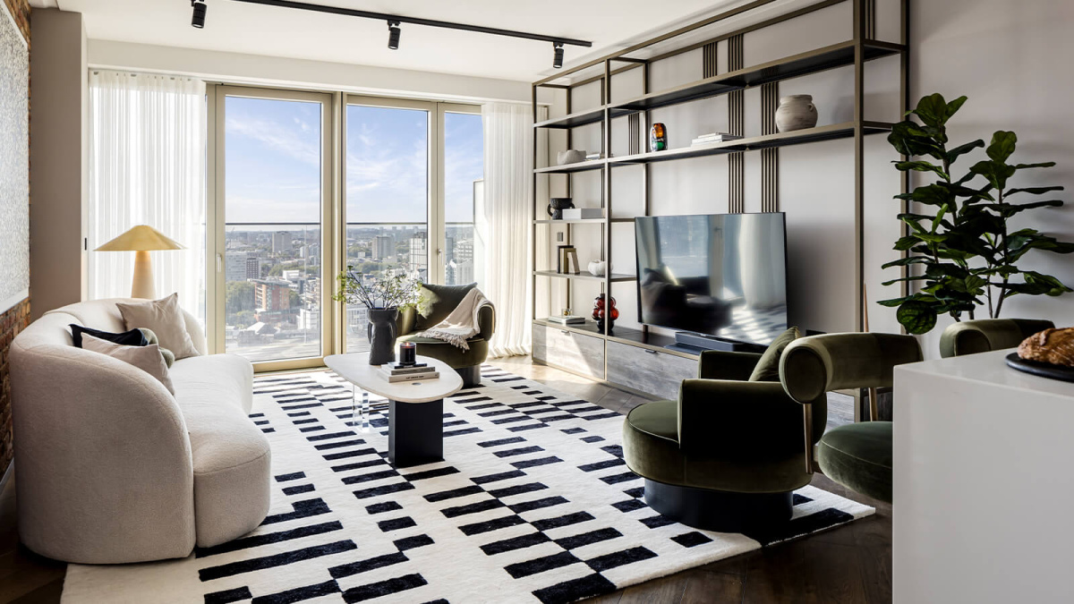 Living area at The Stage, interiors by Dara Huang ©Galliard Homes.