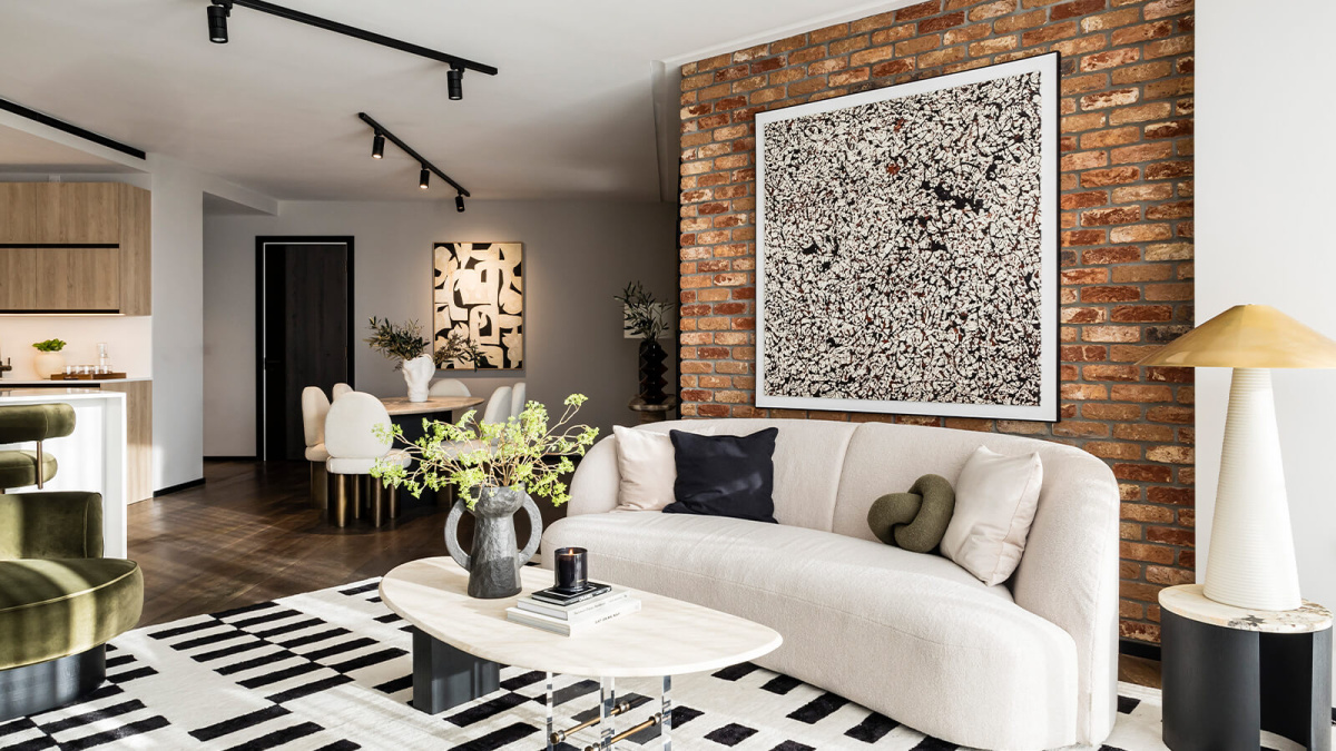 Living area at The Stage, interiors by Dara Huang ©Galliard Homes.