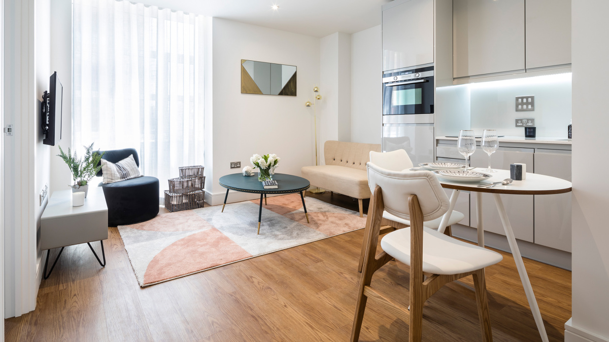 Kitchen and living area at the St Edwards Court show apartment, ©Galliard Homes.